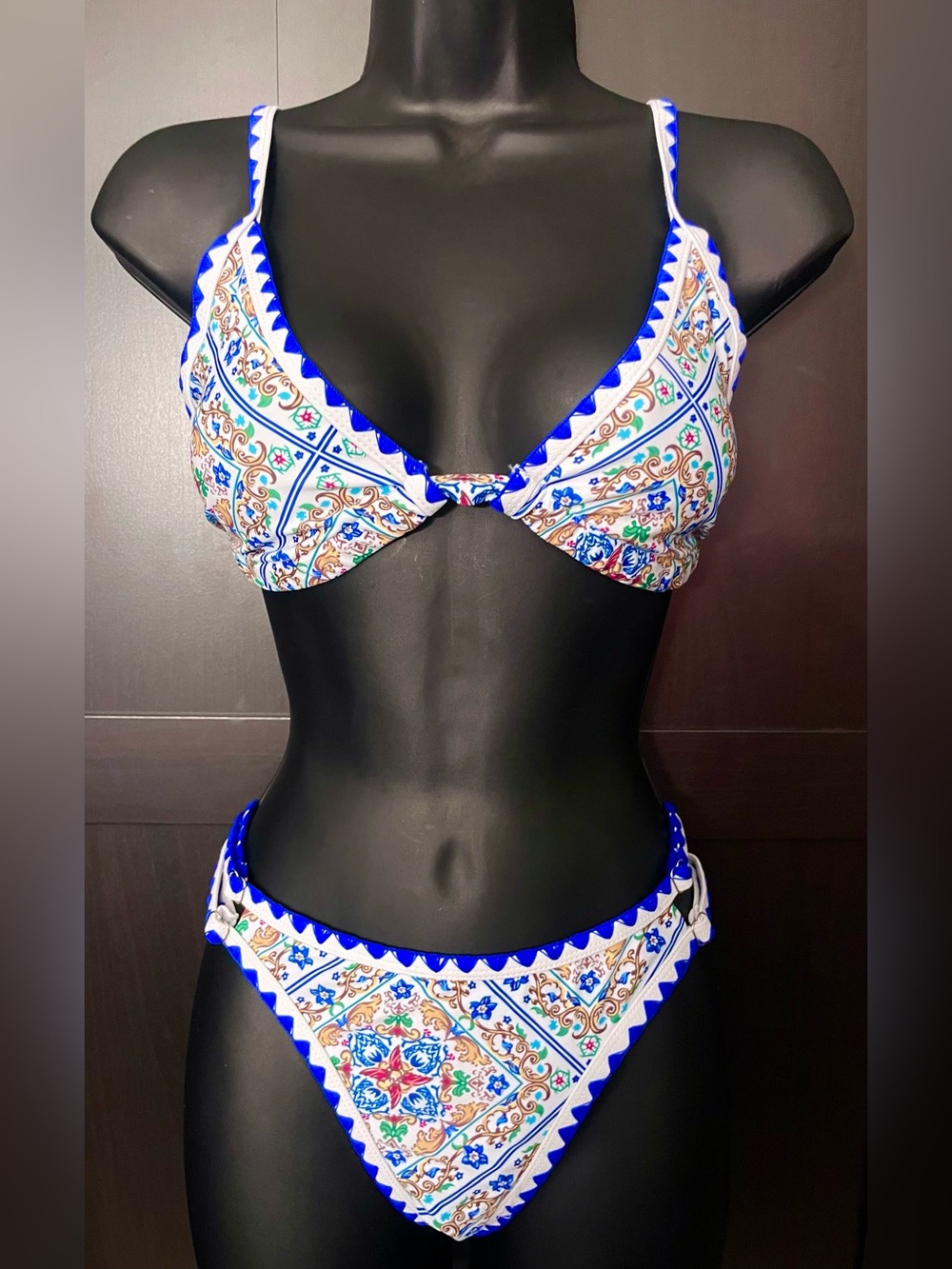 White & Blue Mosaic Bikini Set - Adjustable Bottoms NWOT
